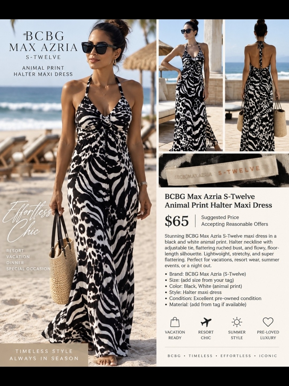BCBGMaxAzria Black & White Animal-Print Halter Maxi Dress - Size M